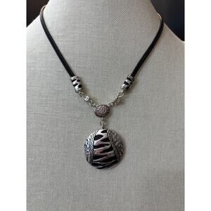 Chico’s Black Cord Necklace Silver Zebra Enamel Disc Pendant  Jewelry Pre-Owned